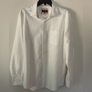 Johnston & Murphy WhiteTextured Shirt, Flip Cuff, Plaid Collar, Large, NWOT